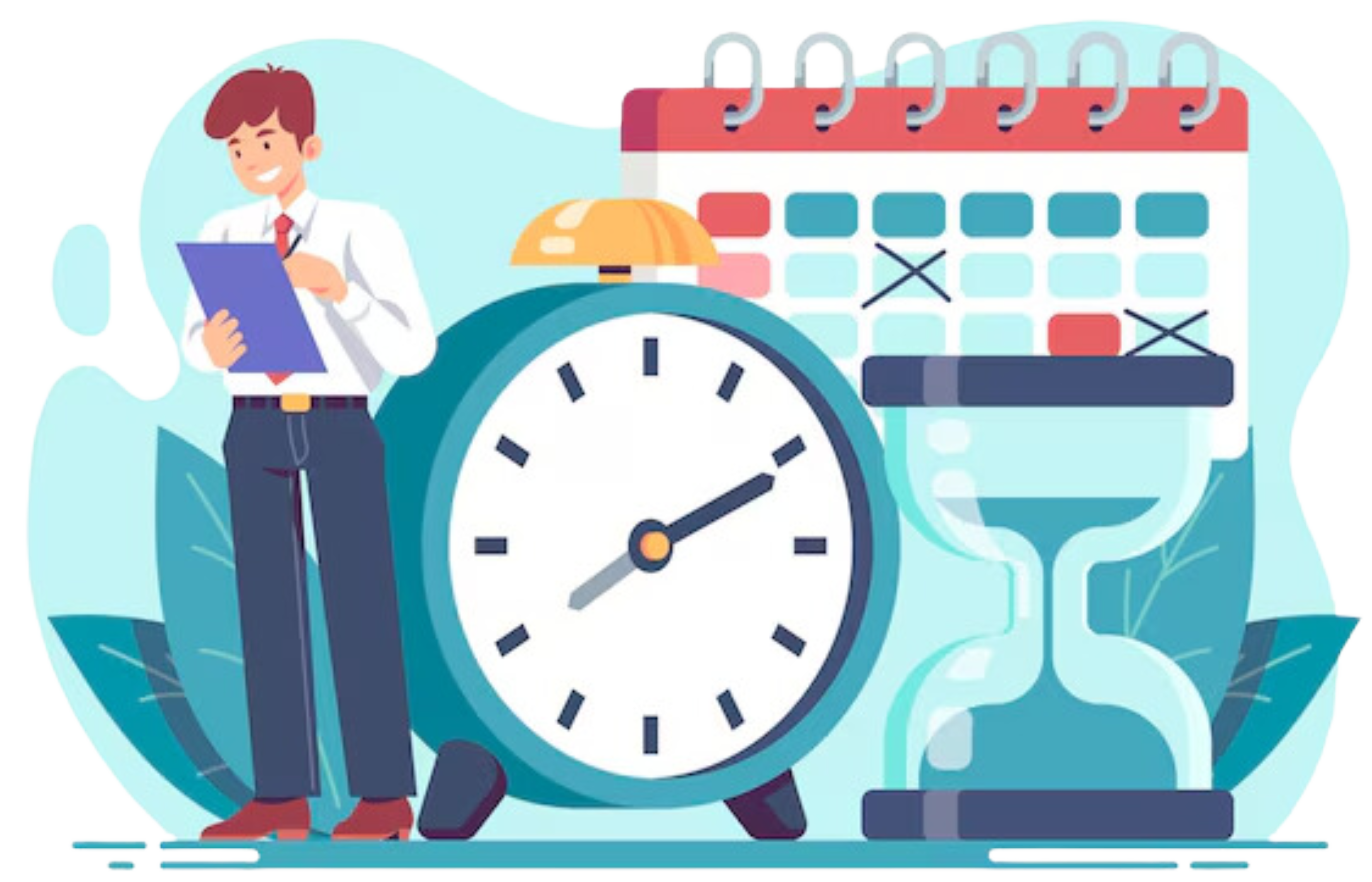 Imagen que hace referencia al control horario en el trabajo mostrando un trabajador junto a dos relojes y un calendario